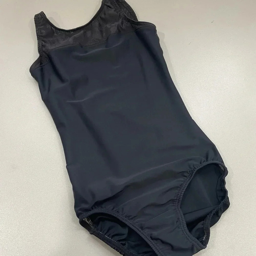 LeosByKat “Maren” Style Black Leotard with Floral Black on Black Size Small